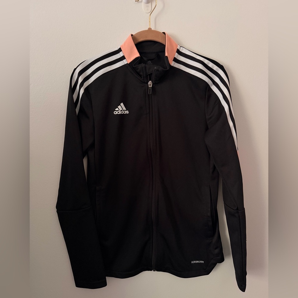 Adidas Black Track Jacket with White Stripes and Coral Collar size Xsmall